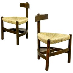 Rare Pair of Oak Tree and Rush Chairs in Style of Charlotte Perriand for Meribel 4