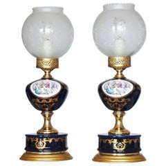 Pair of Italian Vintage Cobalt Blue Hand-Painted Porcelain Lamps, circa 1960