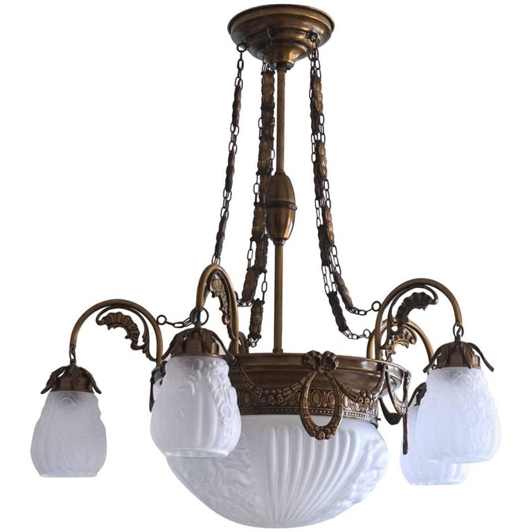 Art Nouveau Style Large Brass And Frosted Glass Seven Light Art Nouveau Style Large Brass And Frosted Glass Seven Light Chandelier For