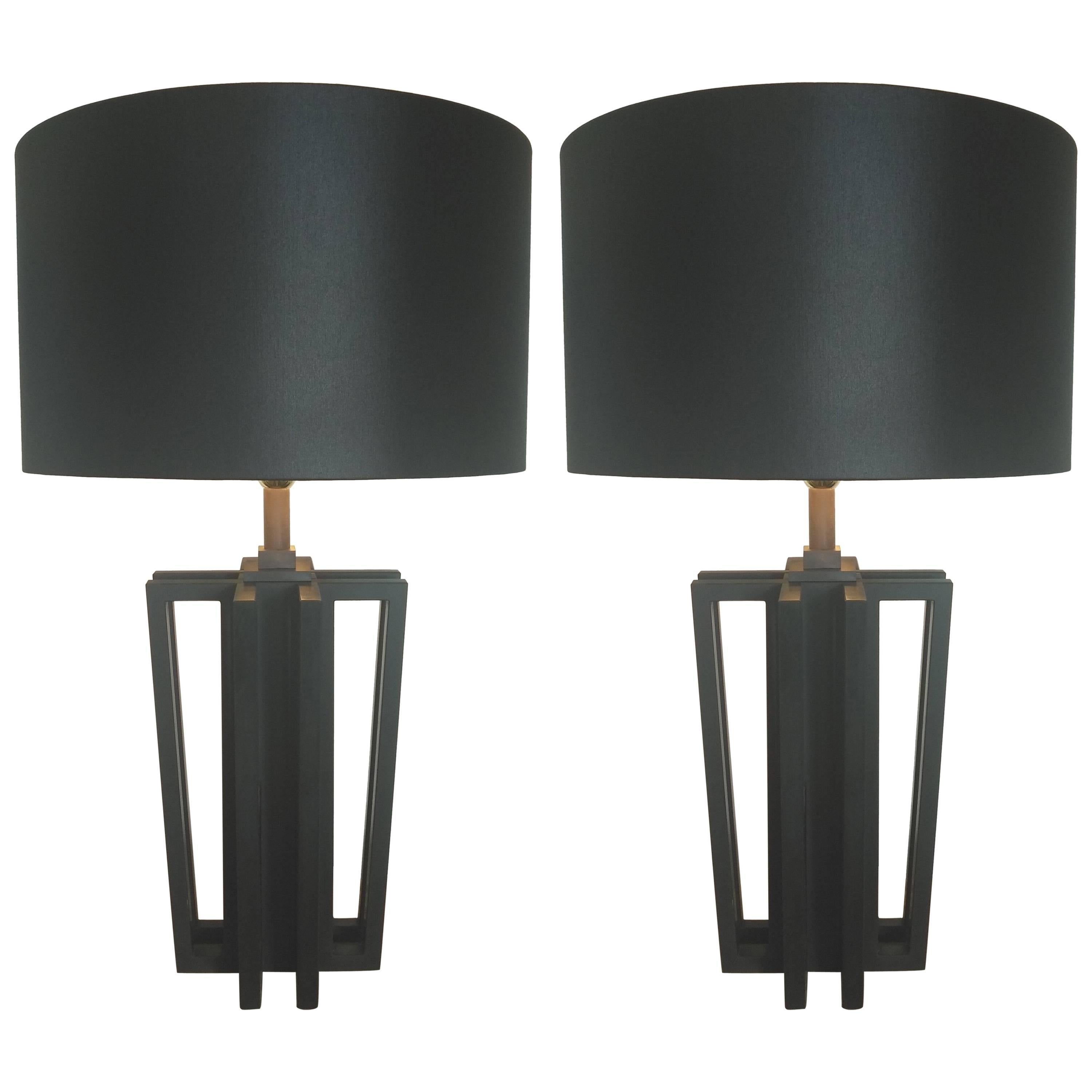 Pair of "Vara" Black Marble Table Lamps For Sale