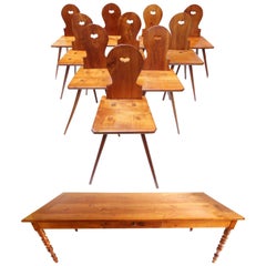 Antique Set of Table and Ten Chairs, Biedermeier, Solid Cherrywood