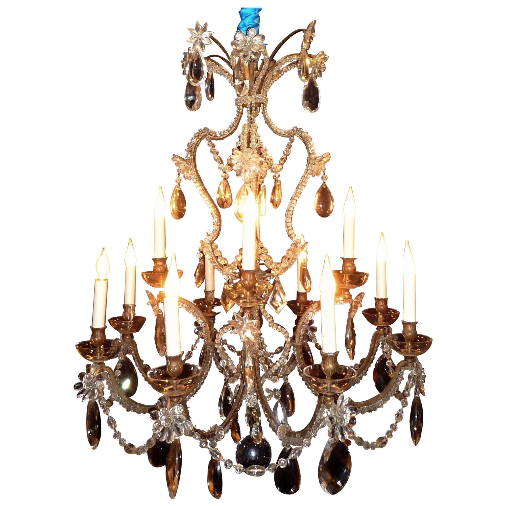 Large French Gilt Bronze Metal and Crystal Chandelier, Maison Baguès, circa 1940