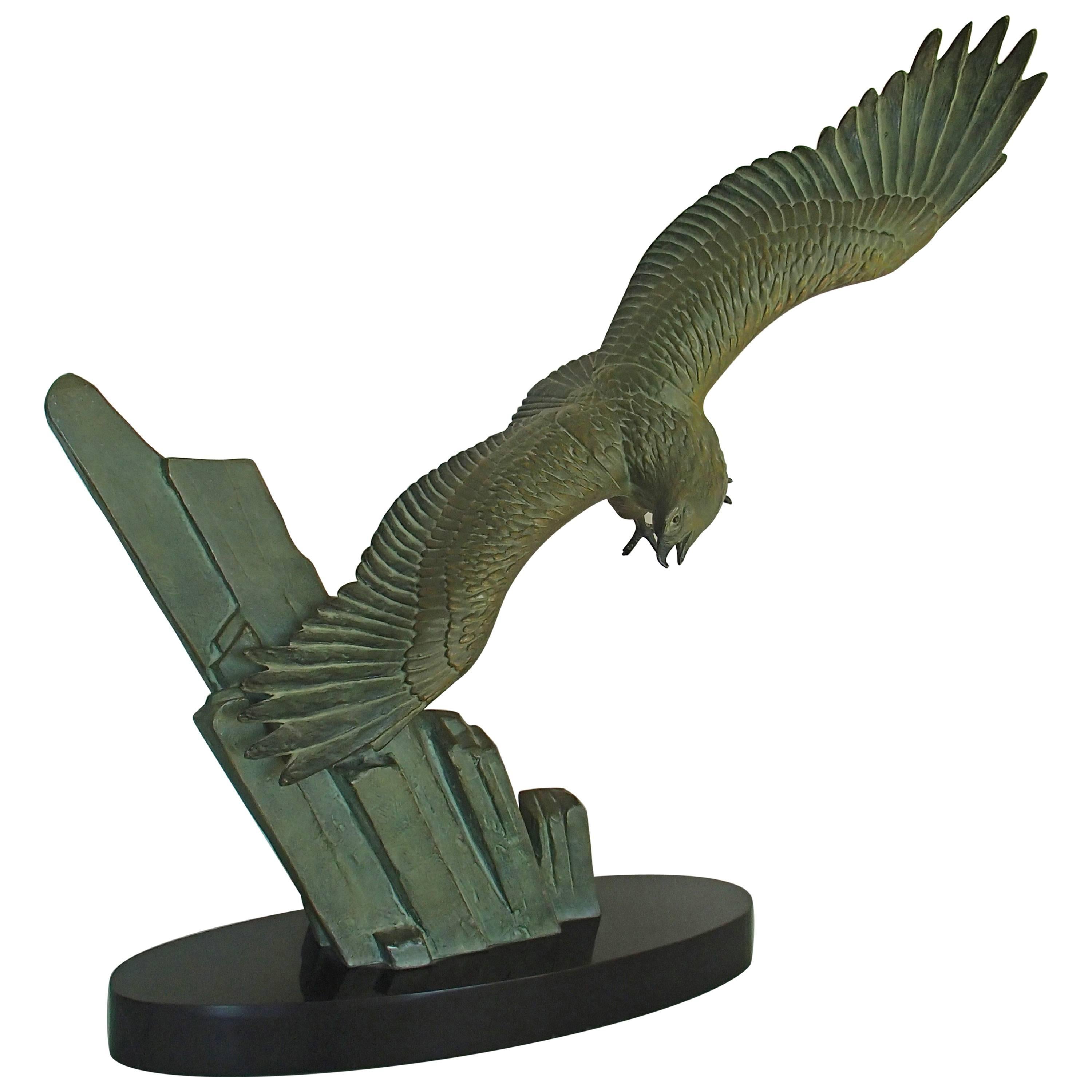 Art Deco Bronze Flying Eagle on a Rock Black Marble Base by Rulas