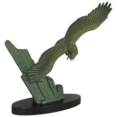 Art Deco Bronze Flying Eagle on a Rock Black Marble Base by Rulas 2