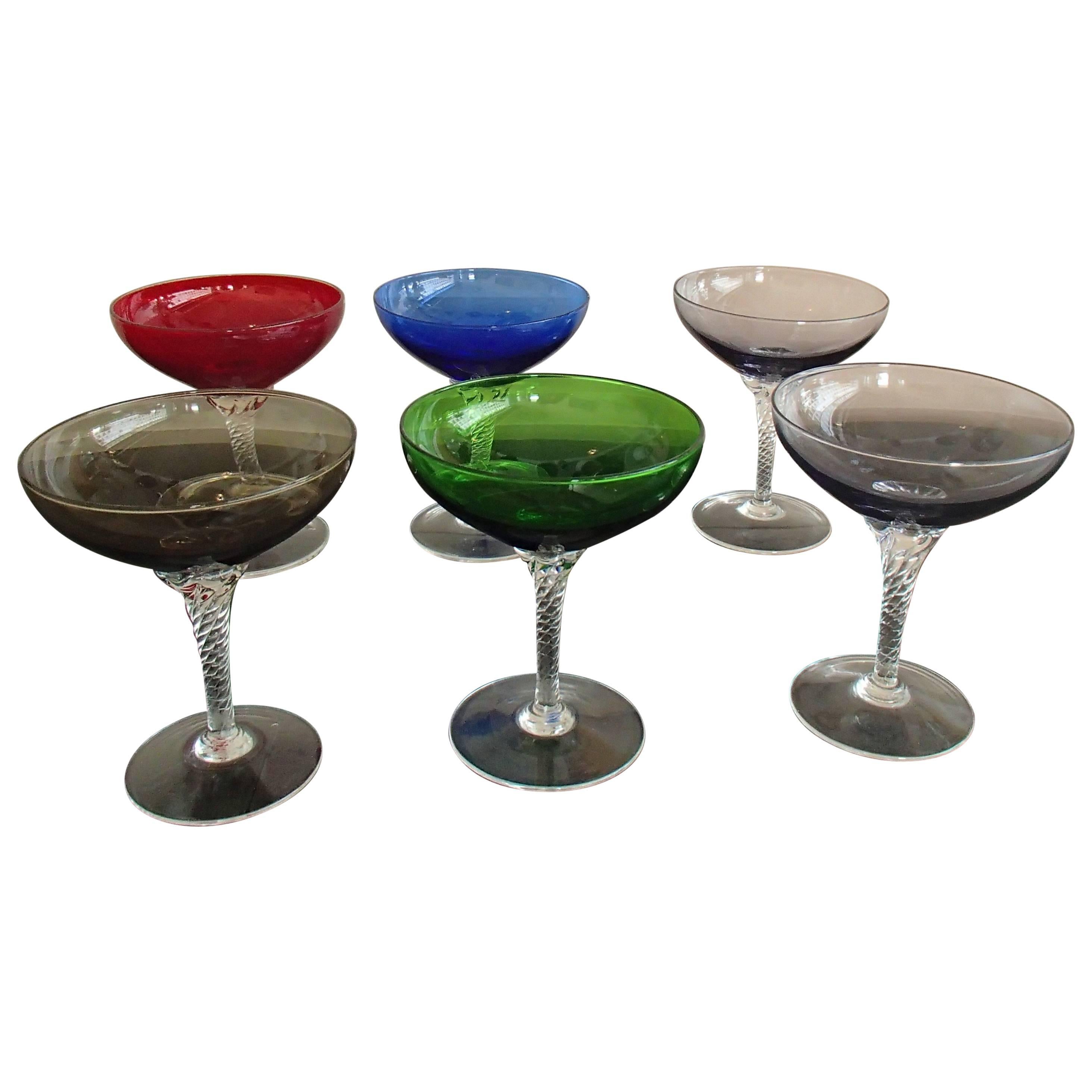 Six Colorful Murano Champagne Cups on Twisted Clear Base