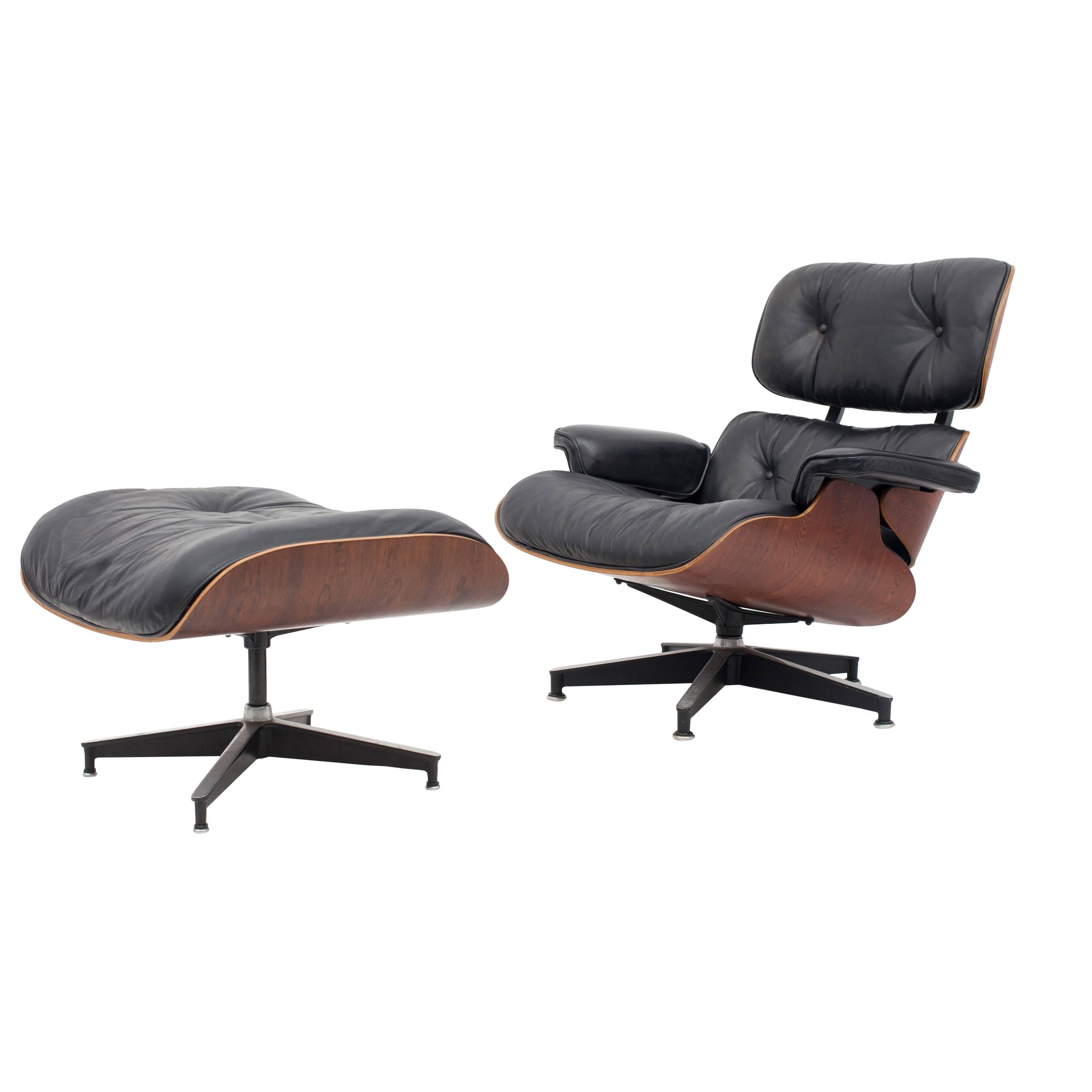 Eames Black Leather and Rio Rosewood Lounge Chair and Ottoman