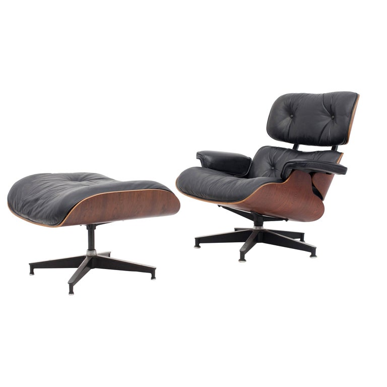 Eames Black Leather and Rio Rosewood Lounge Chair and Ottoman at 1stDibs