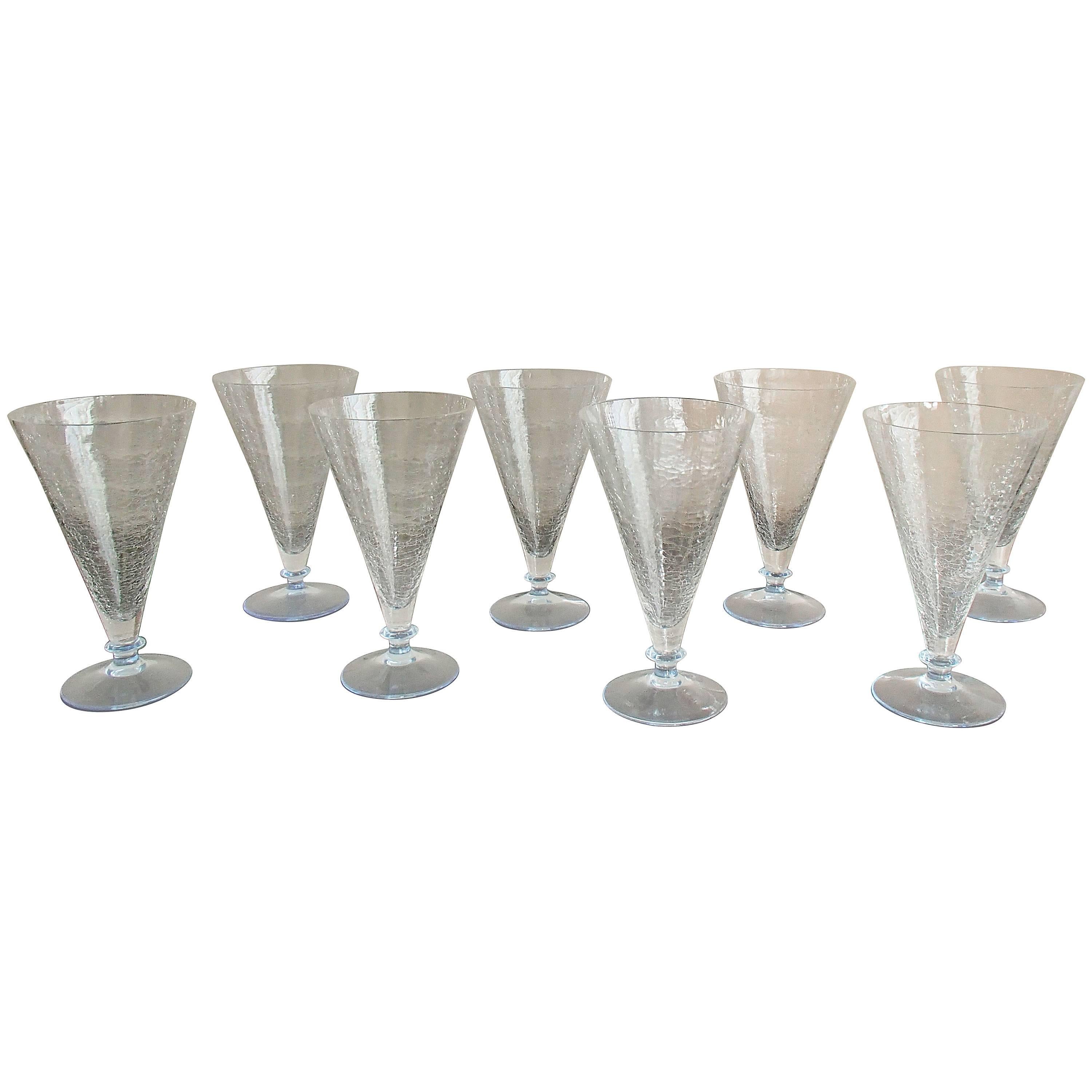 Art Deco Eight Cracquele Glass Glasses with Light Blue Base For Sale