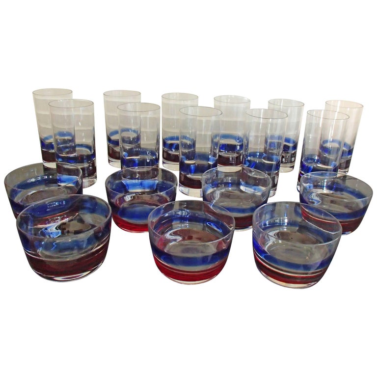 MidCentury Seven Cups and 11 Water, Long Drink Glasses Red Blue Fulvio