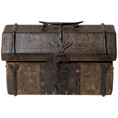 Little German Chest in Wood Covered with Leather, circa 1700