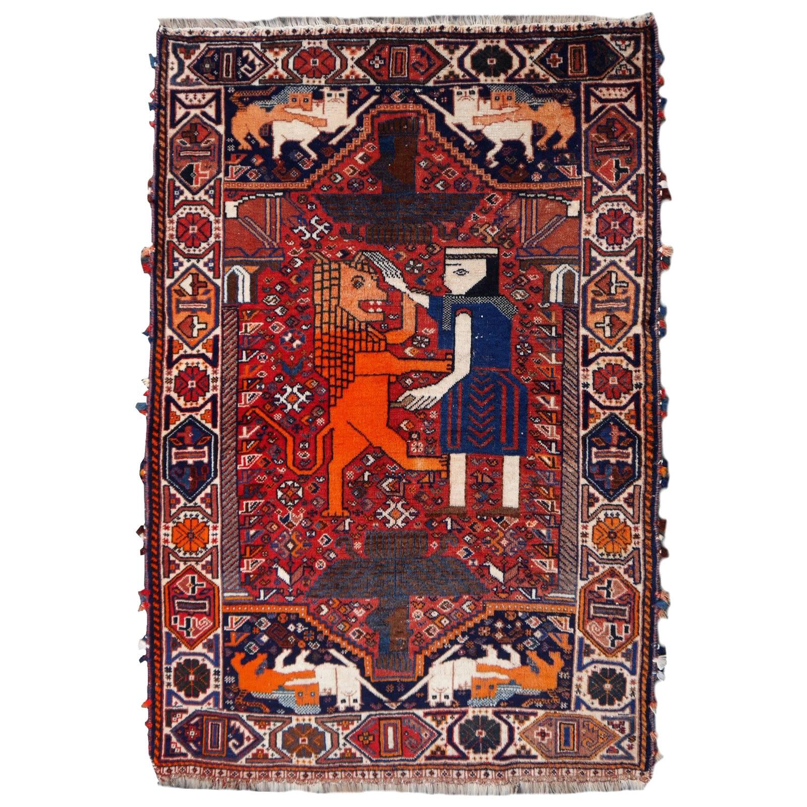 Lion Rug Qashqai Persian Vintage Nomadic Wedding Carpet
