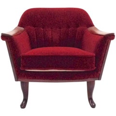 Vintage Norwegian Red Fabric Velour and Teak Armchair Midcentury Tub Chair, 1950s