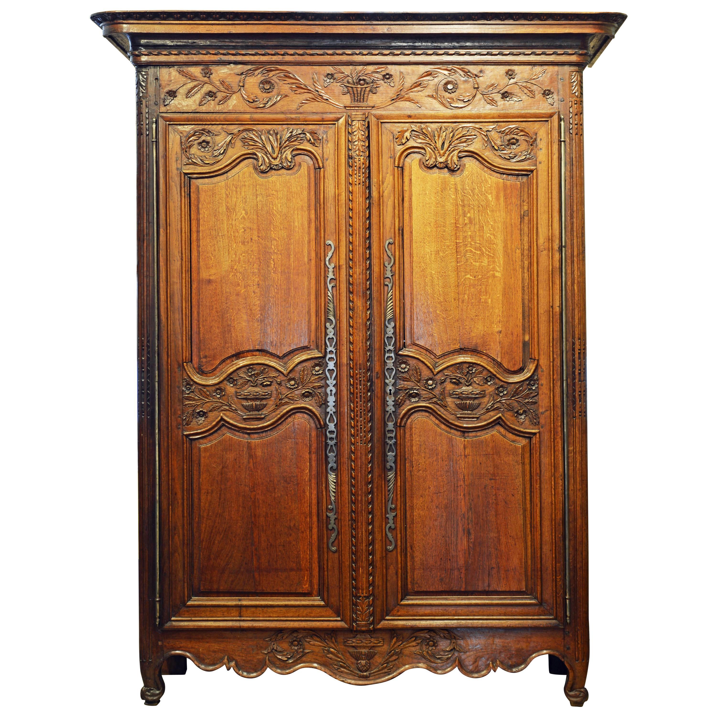 18th Century French Provincial Louis XV Style Carved Oak Wood Wedding Armoire