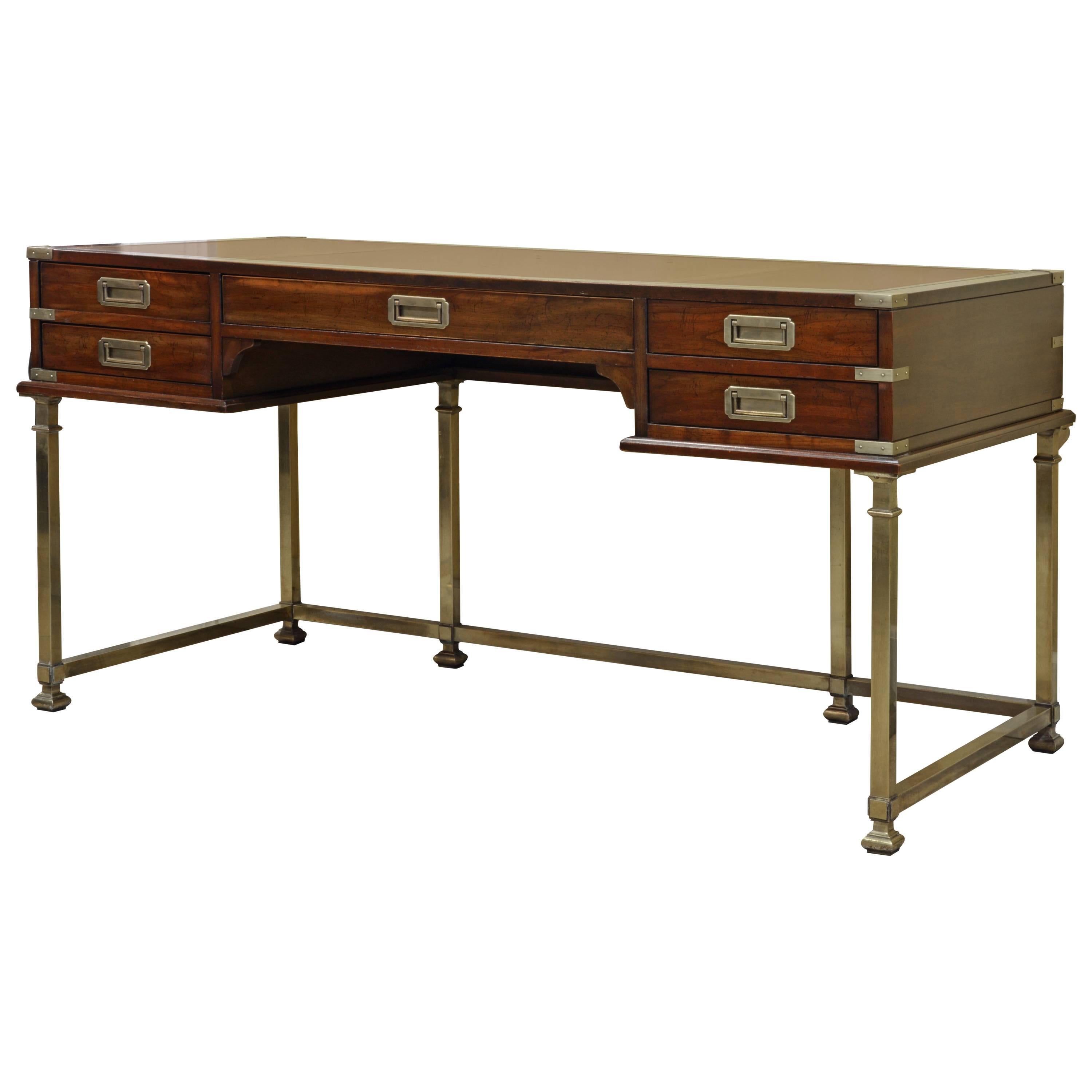 Mahogany and Brass Leather Top Campaign Style Executive Desk by Sligh, Michigan