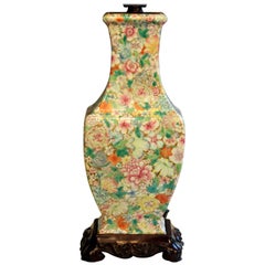 Antique Chinese Porcelain Famille Rose Vase Lamp 100 Flowers Qianlong Mark