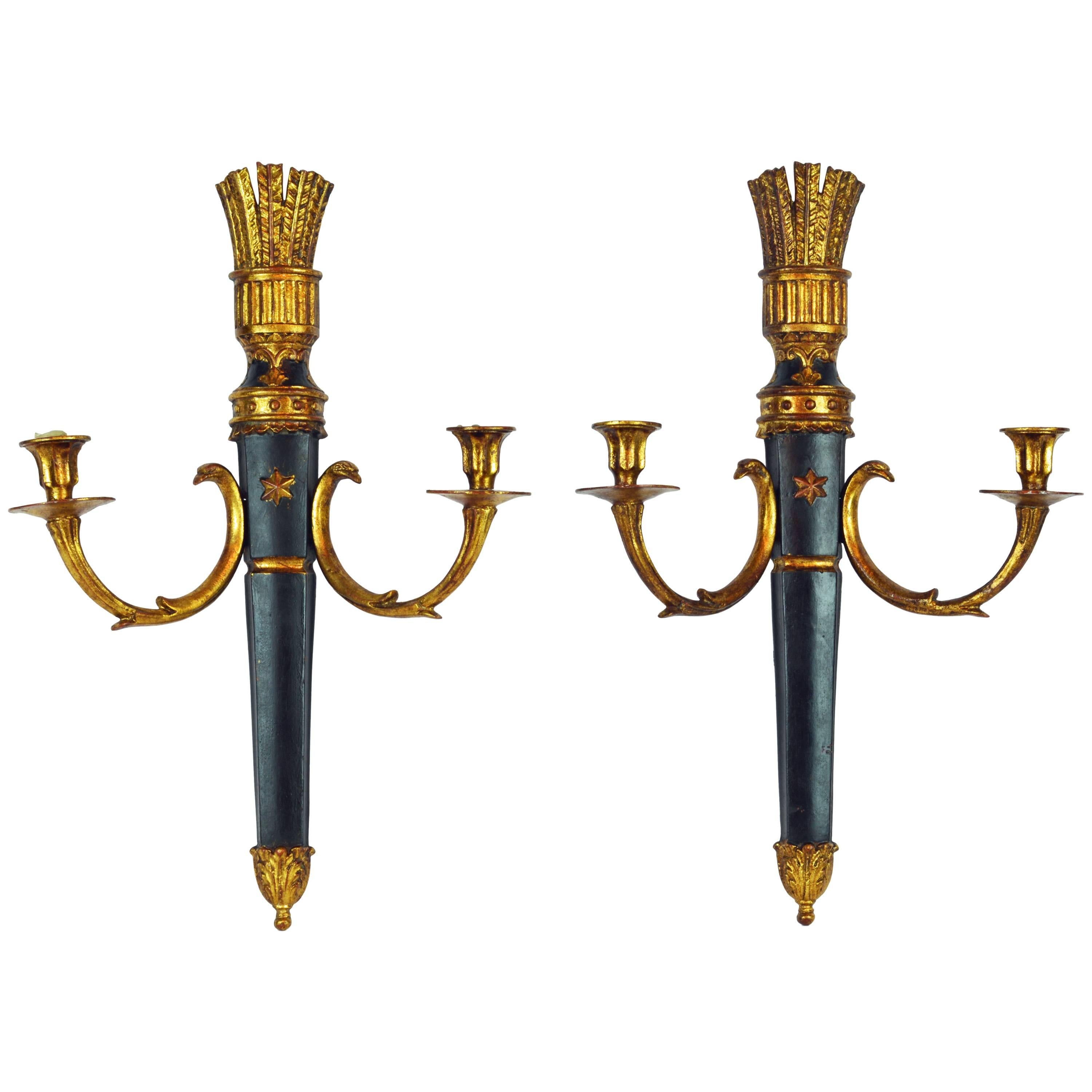 Pair of Italian Neoclassical Style Quiver Themed Gilt Wall Sconces by Palladio