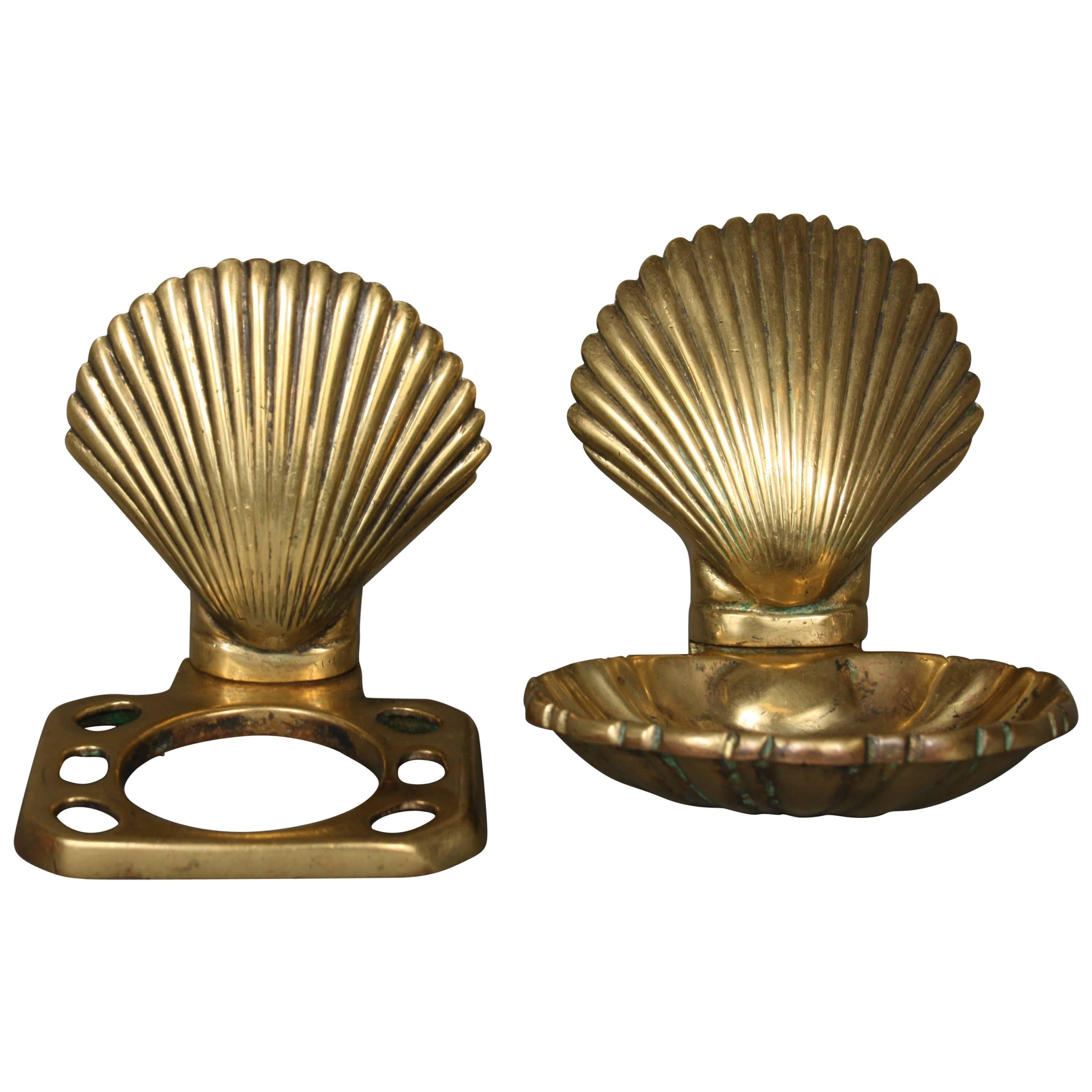 Shell Shaped Soap Dish and Toothbrush Holder, Brass, 1950s For Sale