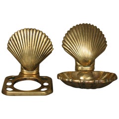 Vintage Shell Shaped Soap Dish and Toothbrush Holder, Brass, 1950s