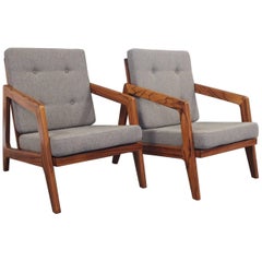 Pair of Easy Chairs in Rosewood and Cushions in Grey Wool, 1960s
