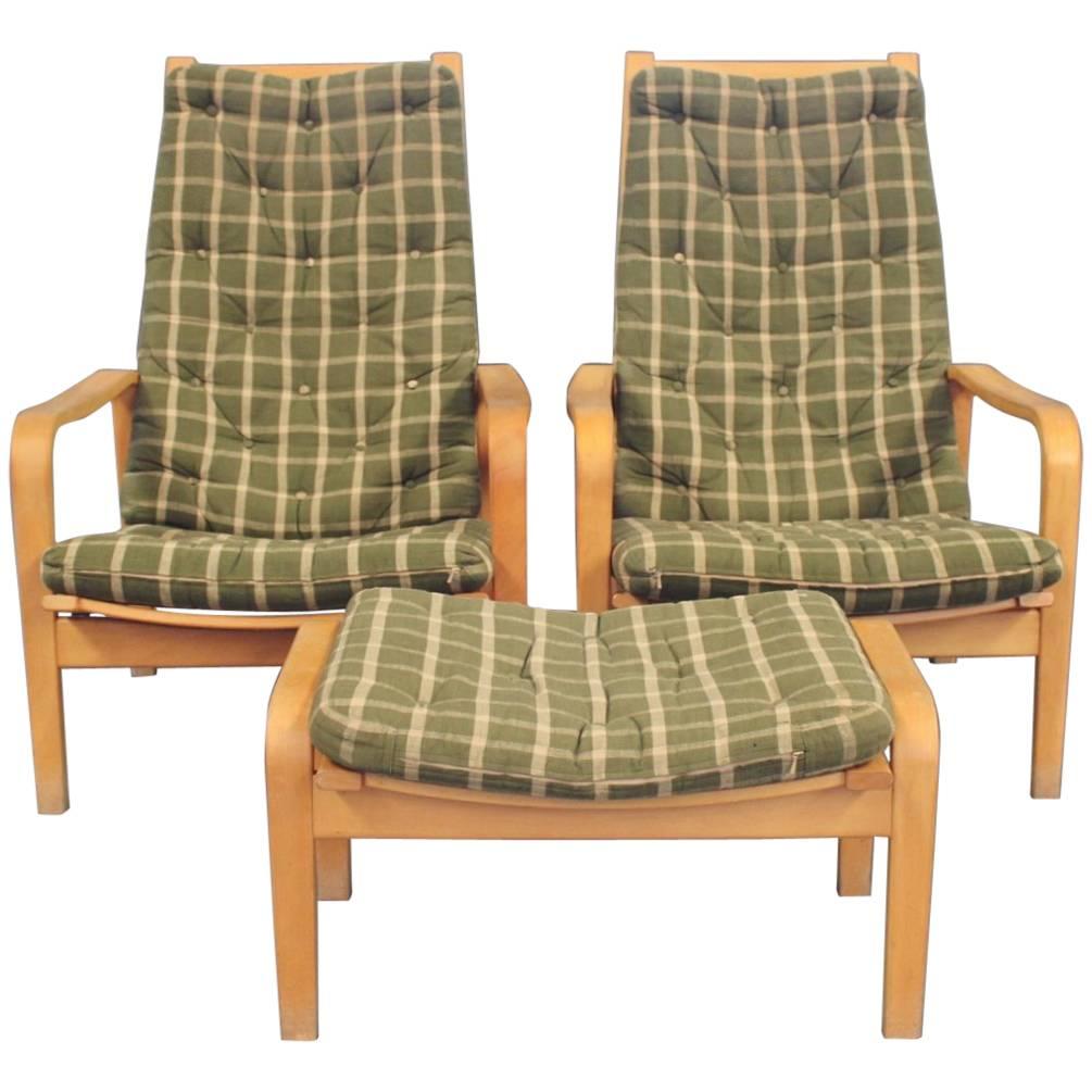 Scandinavian Modern Pair of Easy Chairs with Stool by Alf Svensson and Källemo