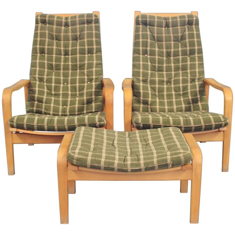 Pair of Easy Chairs with Stool by Alf Svensson and Källemo, 1960s For