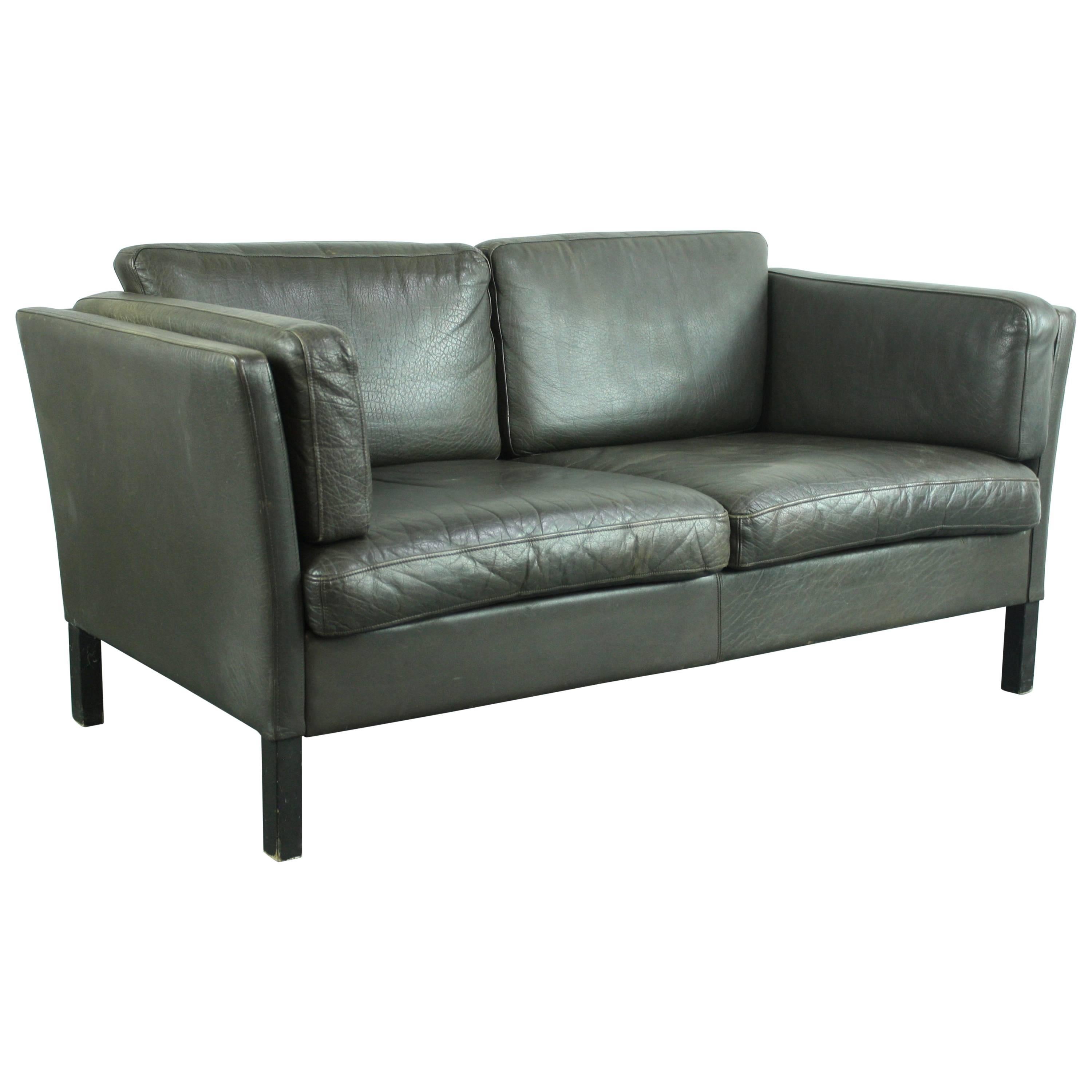 Vintage 1970s Dark Brown Leather Mogensen Style Sofa For Sale