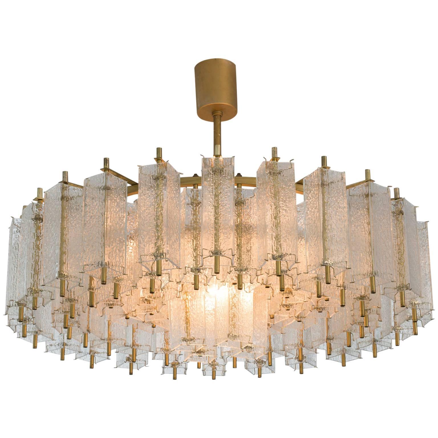 Large Chandelier in Brass and Structured Glass