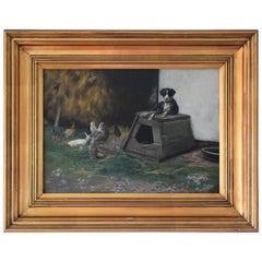 Late 19th Century Oil Painting of Dog and Chickens by Simon Simonsen
