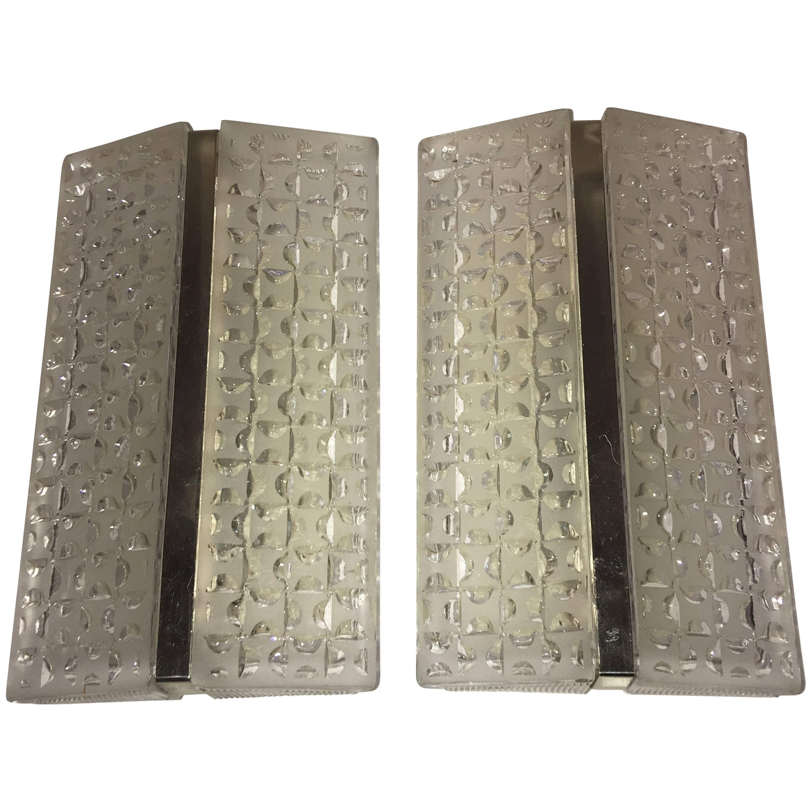 Pair of Chrome and Textured Glass Sconces