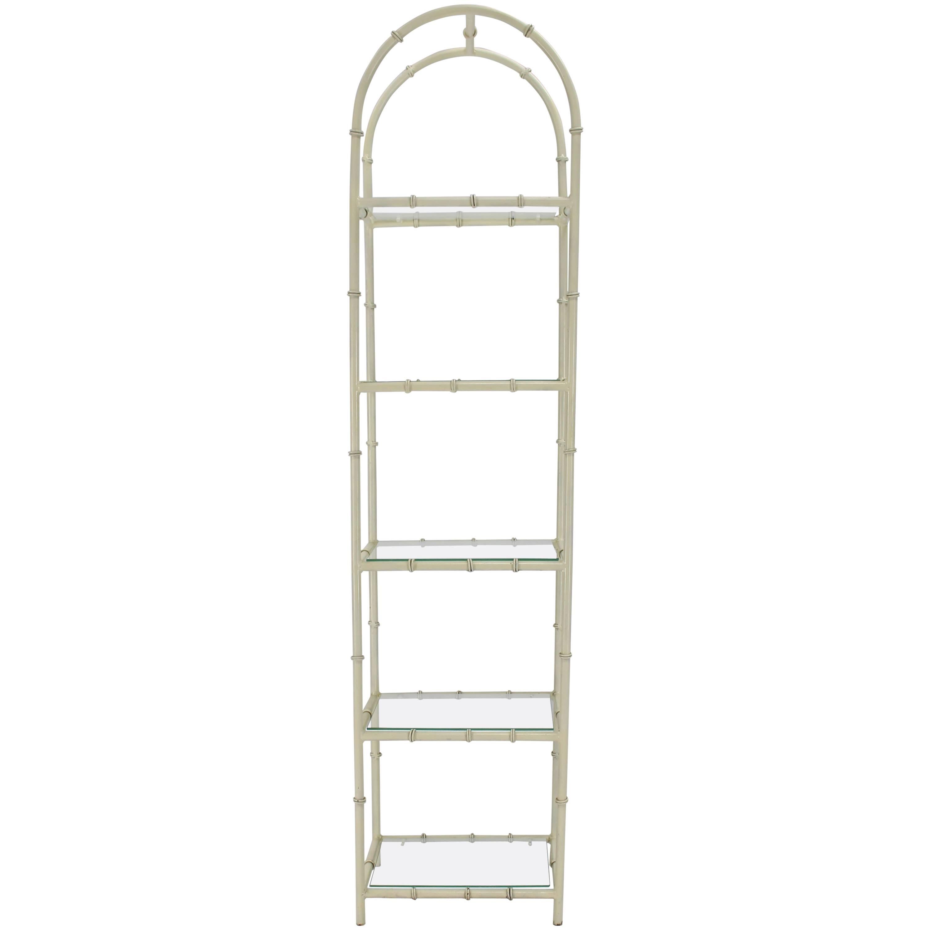 Arc Top Faux Bamboo White Lacquer Tall Narrow Glass Shelves Etagere