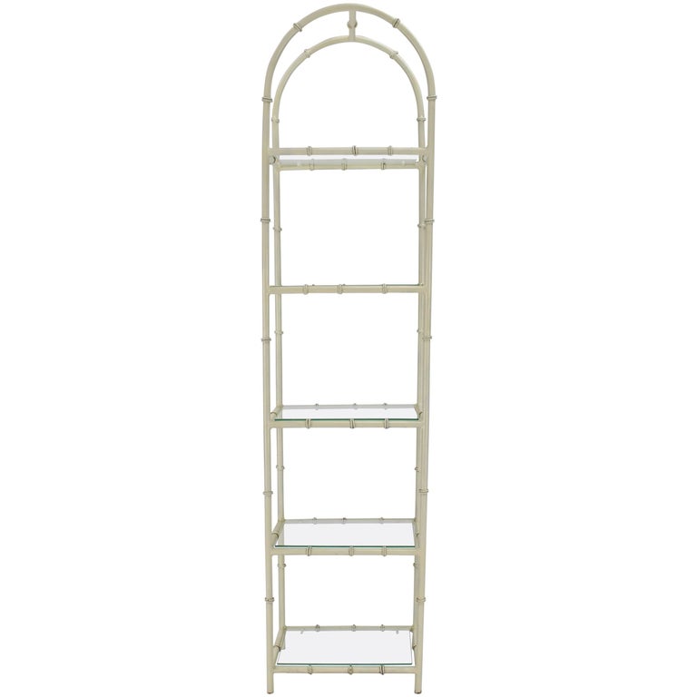 Arc Top Faux Bamboo White Lacquer Tall Narrow Glass Shelves
