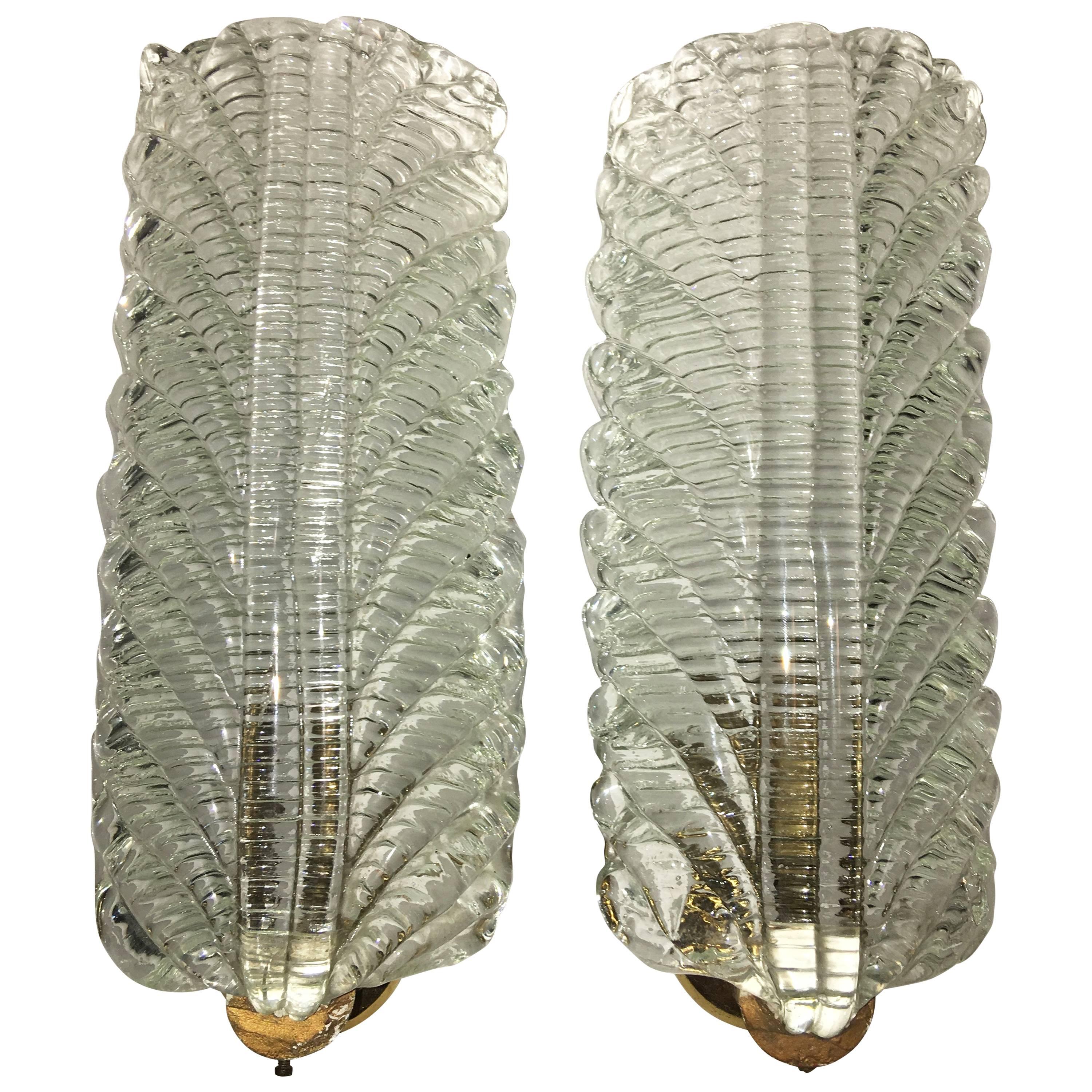 Pair of Italy Murano Glass Sconces Feathers Form