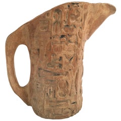 Folk Art Primitive Pottery Pitcher with Typography, circa 1960s
