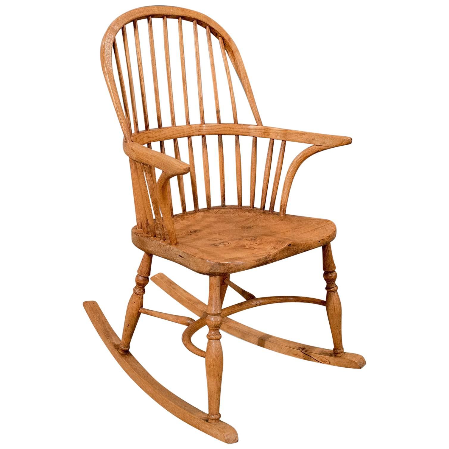 Antique Windsor Rocking Chair Ash & Elm, Crinoline Stretcher, English circa 1870