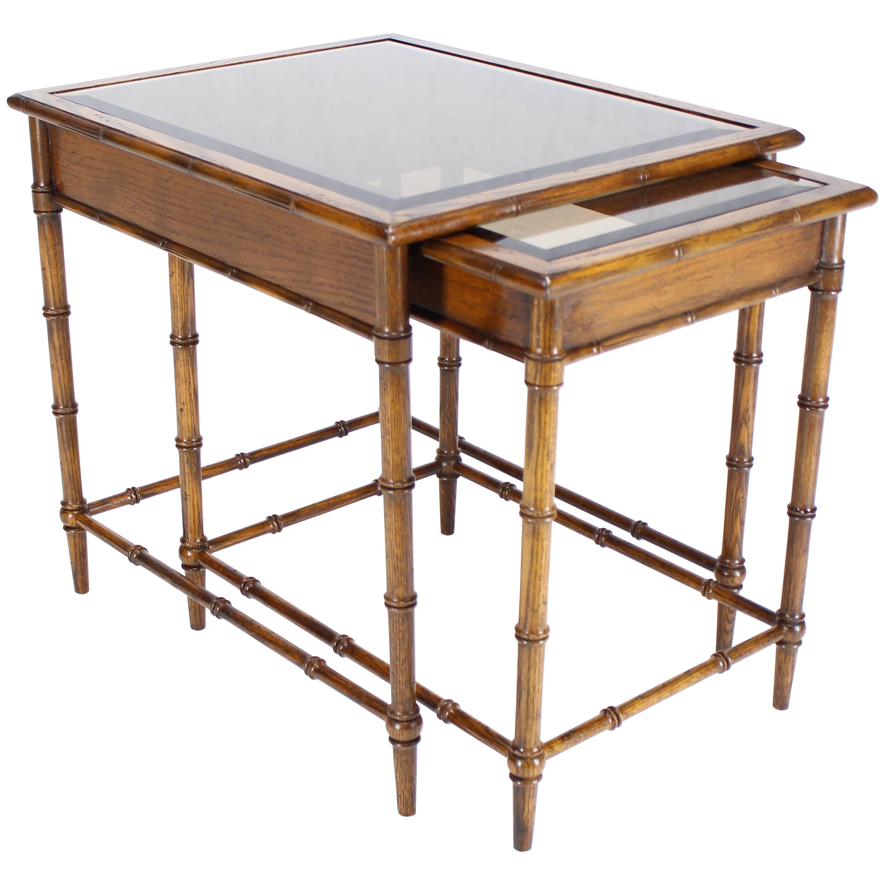 Set of Nesting Faux Bamboo Smoked Glass Top End or Side Tables For Sale