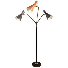 American Modern Articulated Three-Shade Metal and Brass Floor Lamp, 1950s