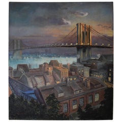 Early 20th Century, Large Painting of Brooklyn Bridge New York, 1913