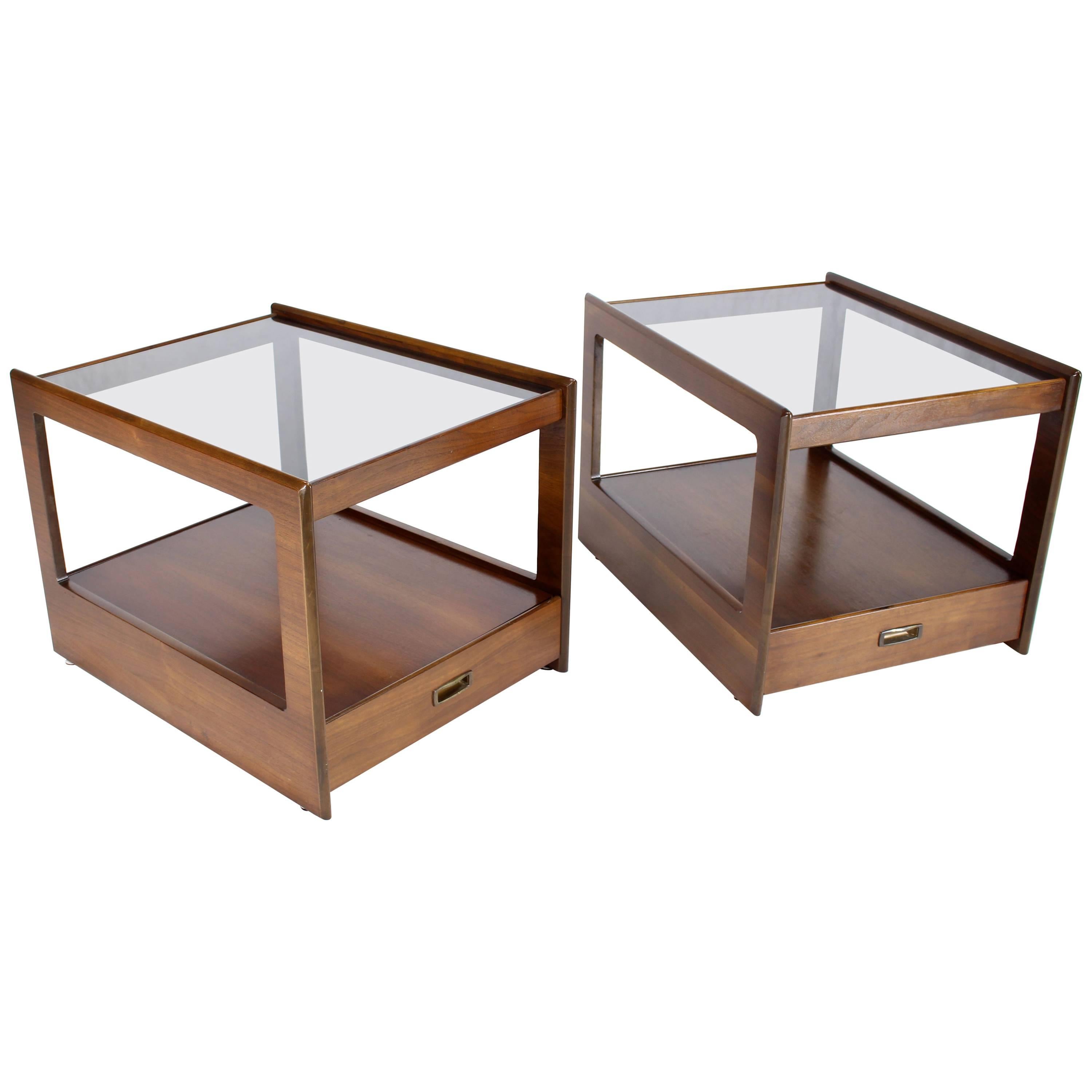 Pair of Rectangular Cube Shape Smoked Glass Tops End Tables For Sale