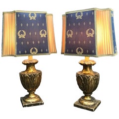 Antique Pair of Italian Empire Table Lamps Carved Giltwood Portapalme Vases circa 1820