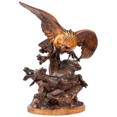 Carved Wooden Black Forest Group of an Eagle and Chamois