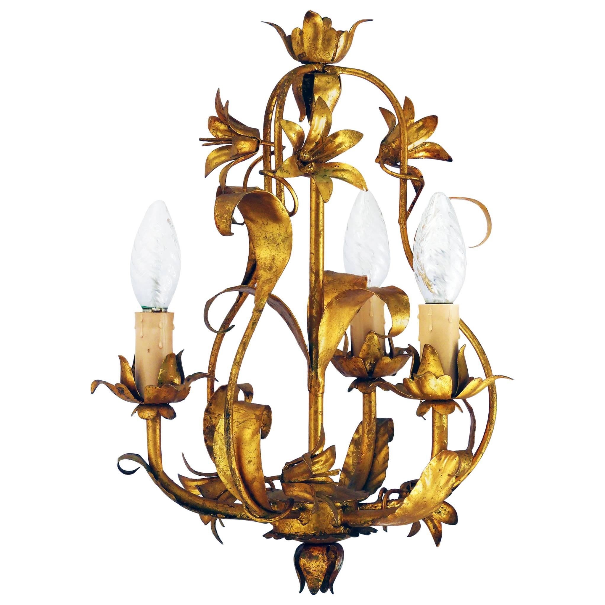 Mid-Century Chandelier Gold Tole circa 1950 French Toleware Cage Light