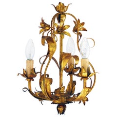 Mid-Century Chandelier Gold Tole circa 1950 French Toleware Cage Light