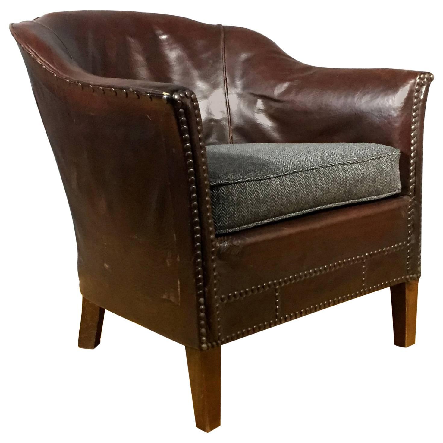 English 1940s Studded Leather Club Chair, Herringbone Cover