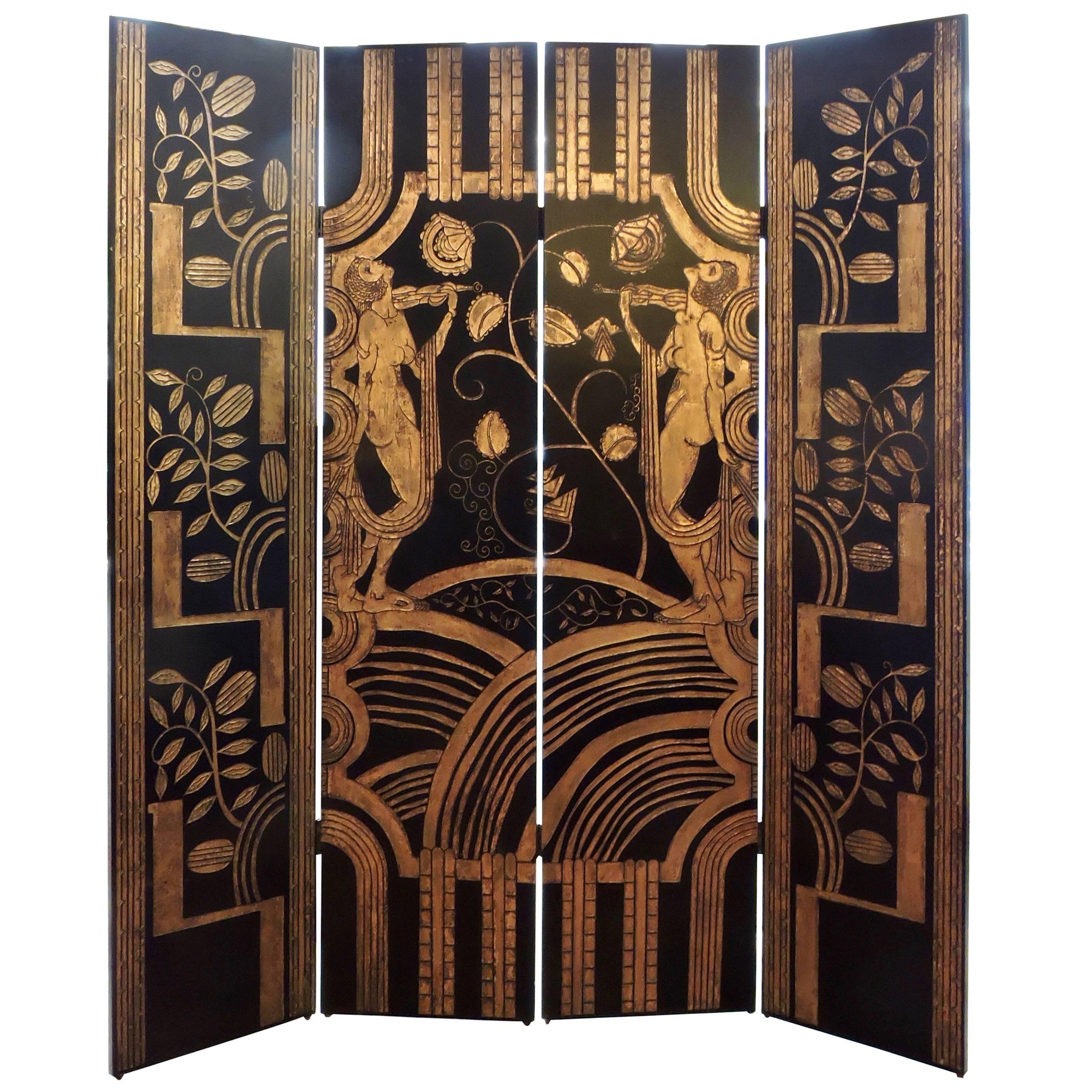 Very Decorative 1925 French Art Deco Lacquered Screen