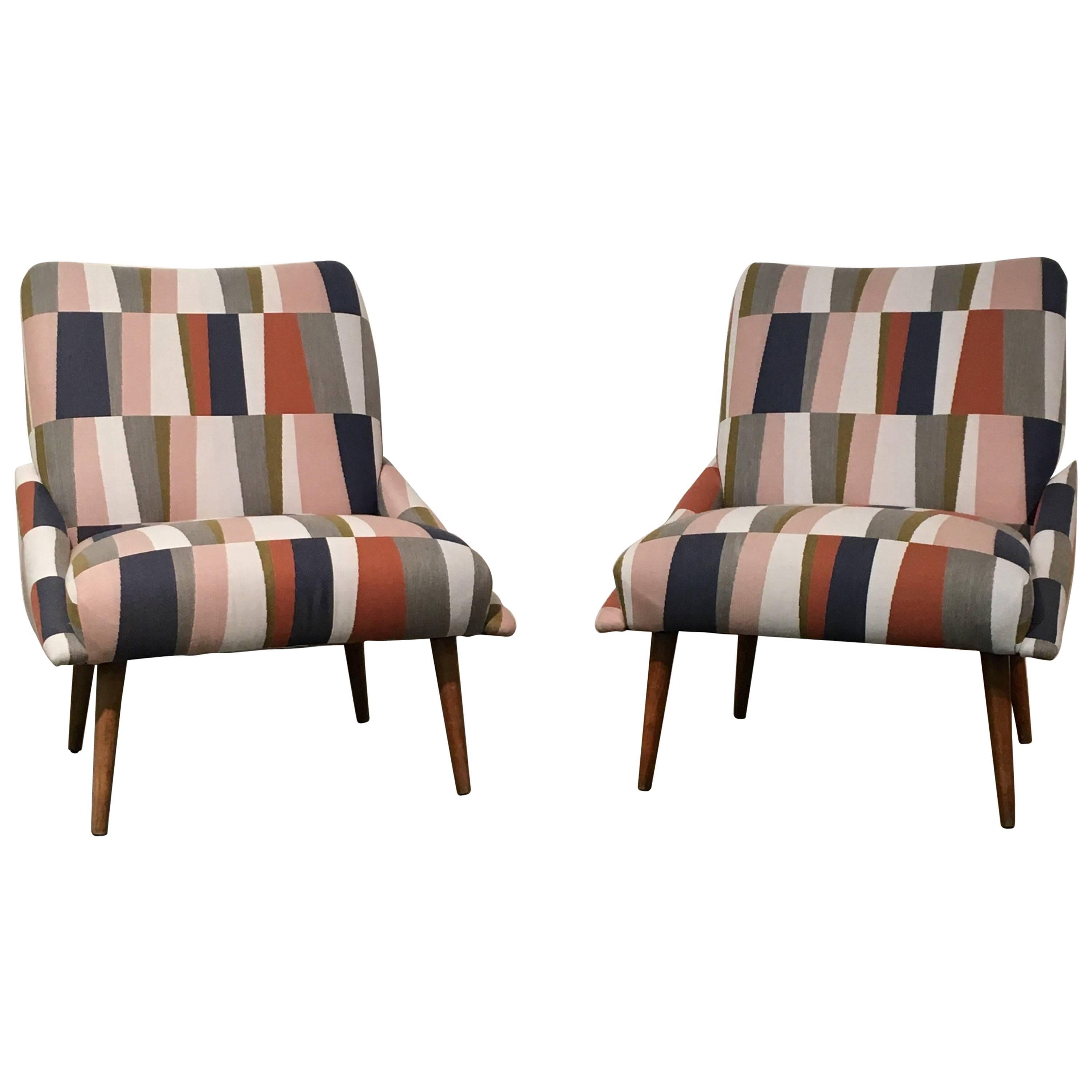 Pair of Restored Geometric Mid-Century Modern Slipper Chairs - Free Shipping