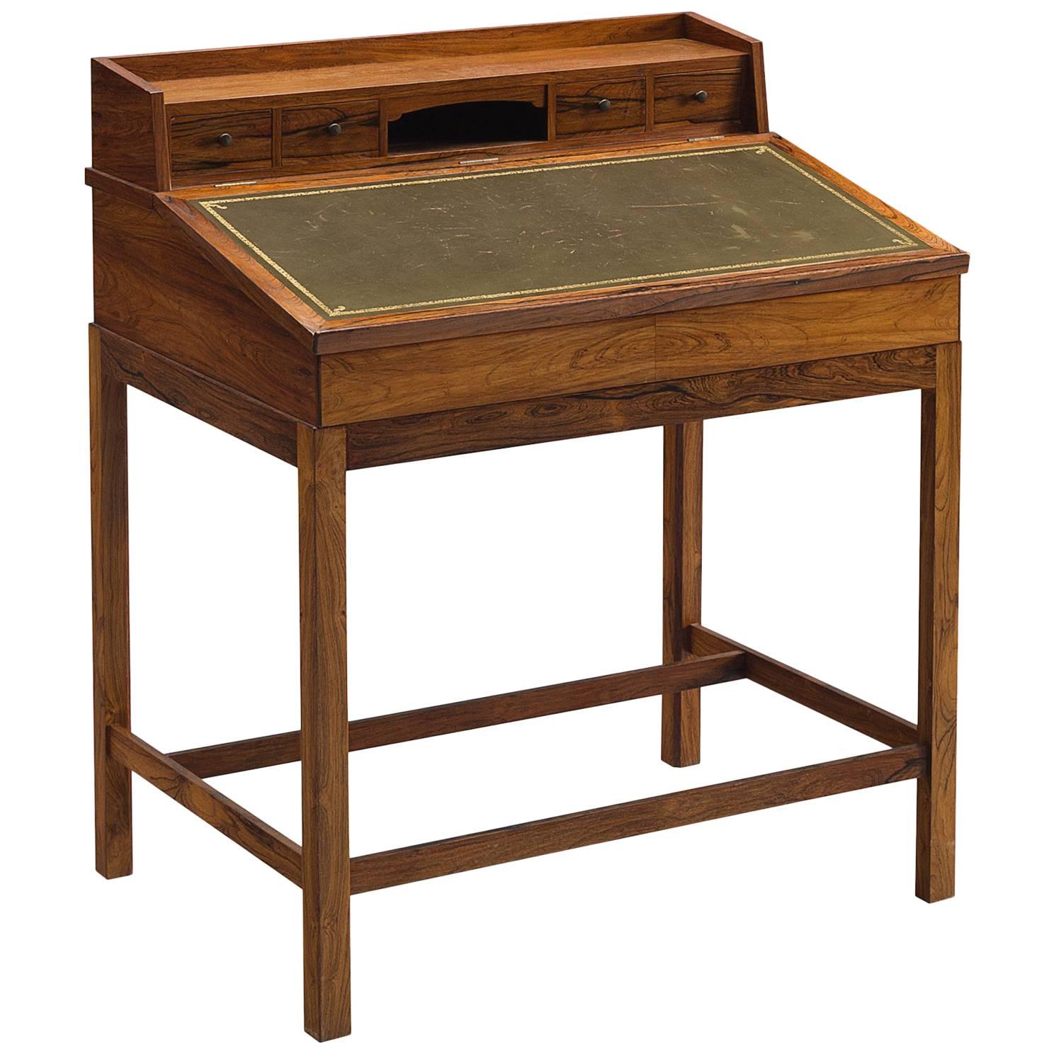 Danish Writing Desk with Olive Green Leather and Rosewood