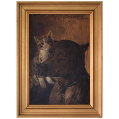 Antique Early 20th Century Oil Painting of Dog and Cat by Carl Carlsen