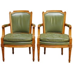 Pair of Louis XVI Style Leather Fauteuil Armchairs