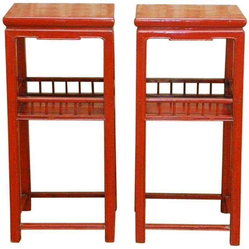 Chinese Carved Red Lacquer Pedestal Tables