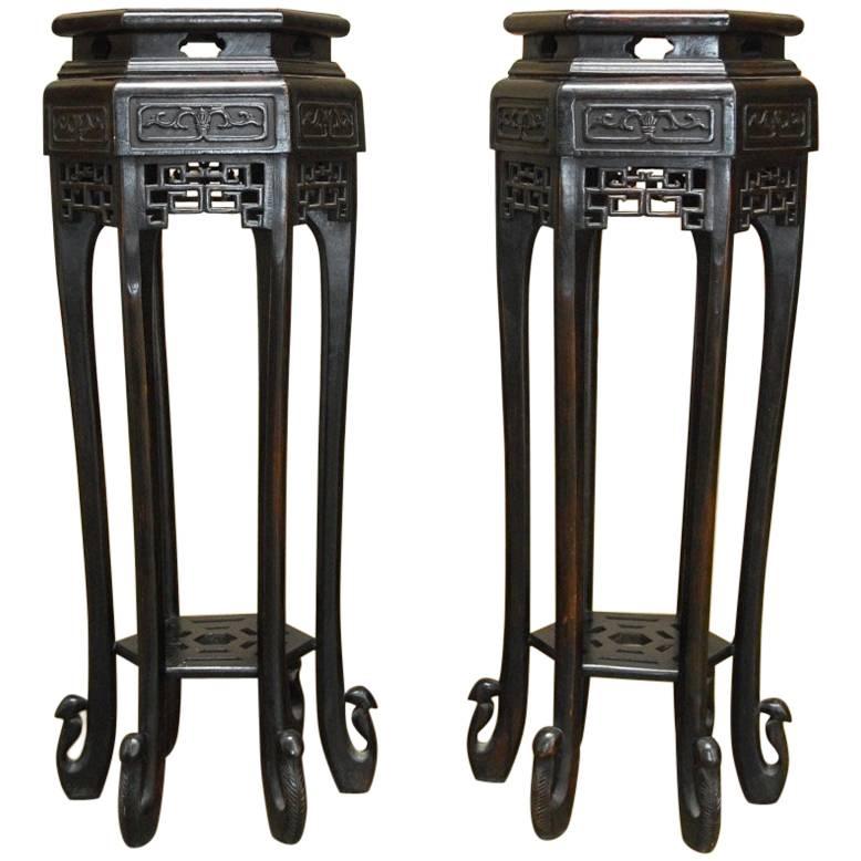 Pair of Chinese Carved Pedestal Tables or Plant Stands